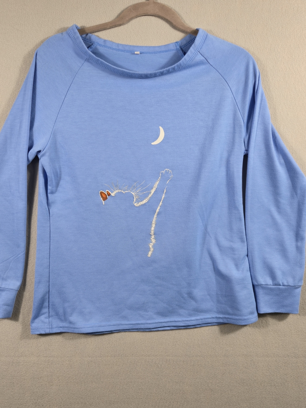 Unbranded Cat & Moon Screen Print Pullover Sweater Light Blue Smal